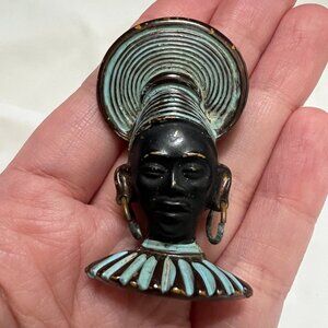 Vintage Art Deco Era African Princess Headdress Enamel Estate Costume Pin Brooch